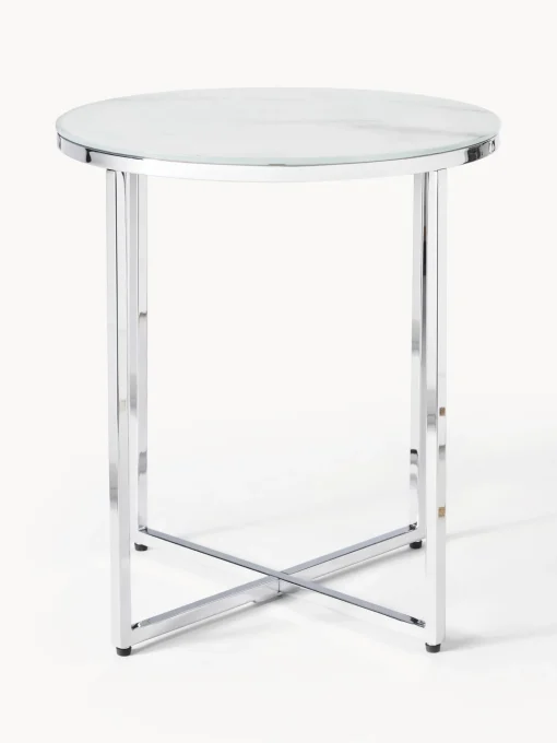 Mesa Auxiliar Redonda Antigua, Tablero De Vidrio En Aspecto Marmol