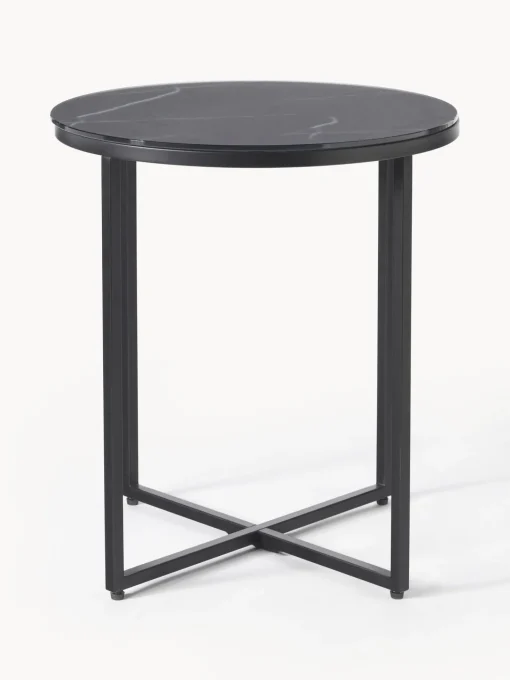 Mesa Auxiliar Redonda Antigua, Tablero De Vidrio En Aspecto Marmol