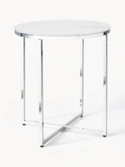 Mesa Auxiliar Redonda Antigua, Tablero De Vidrio En Aspecto Marmol