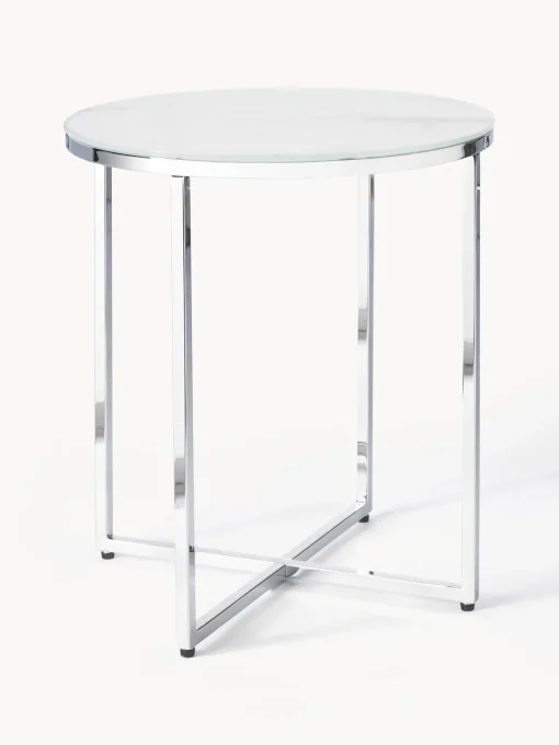 Mesa Auxiliar Redonda Antigua, Tablero De Vidrio En Aspecto Marmol