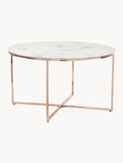 Mesa De Centro Redonda Antigua, Tablero De Vidrio En Aspecto Marmol