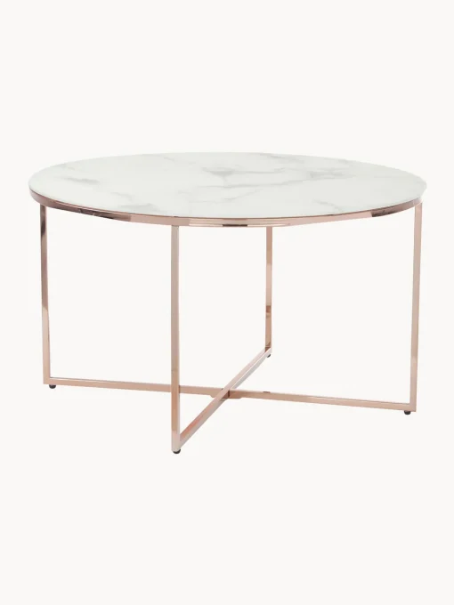 Mesa De Centro Redonda Antigua, Tablero De Vidrio En Aspecto Marmol