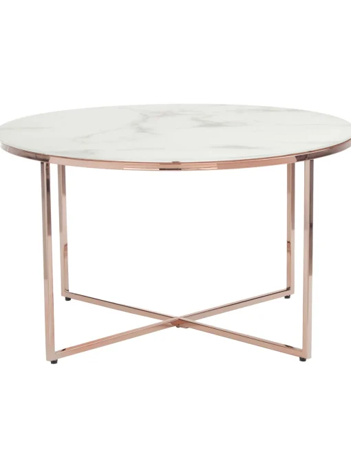Mesa De Centro Redonda Antigua, Tablero De Vidrio En Aspecto Marmol