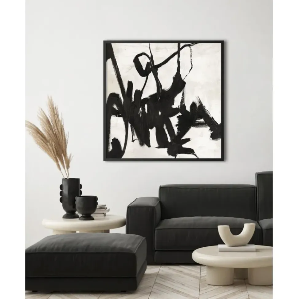 Cuadro En Lienzo Pintado A Mano Playblack, Marco De Madera