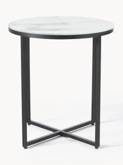 Mesa Auxiliar Redonda Antigua, Tablero De Vidrio En Aspecto Marmol