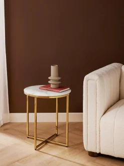 Mesa Auxiliar Redonda Antigua, Tablero De Vidrio En Aspecto Marmol