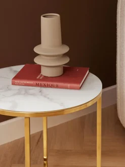 Mesa Auxiliar Redonda Antigua, Tablero De Vidrio En Aspecto Marmol