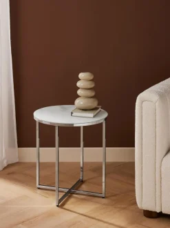 Mesa Auxiliar Redonda Antigua, Tablero De Vidrio En Aspecto Marmol