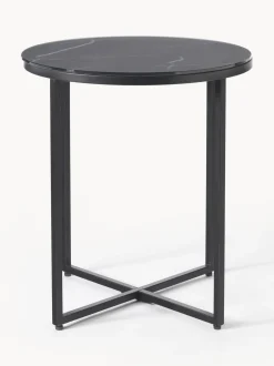 Mesa Auxiliar Redonda Antigua, Tablero De Vidrio En Aspecto Marmol