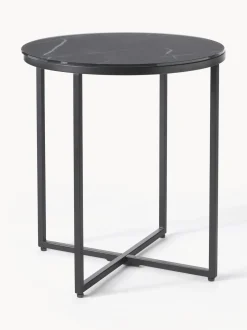 Mesa Auxiliar Redonda Antigua, Tablero De Vidrio En Aspecto Marmol