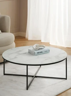 Mesa De Centro Grande Antigua, Tablero De Vidrio En Aspecto Marmol