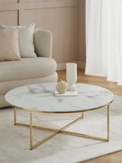 Mesa De Centro Grande Antigua, Tablero De Vidrio En Aspecto Marmol