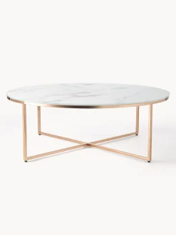 Mesa De Centro Grande Redonda Antigua, Tablero De Vidrio En Aspecto Marmol