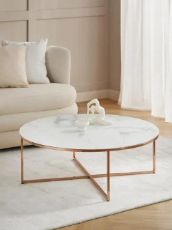 Mesa De Centro Grande Redonda Antigua, Tablero De Vidrio En Aspecto Marmol