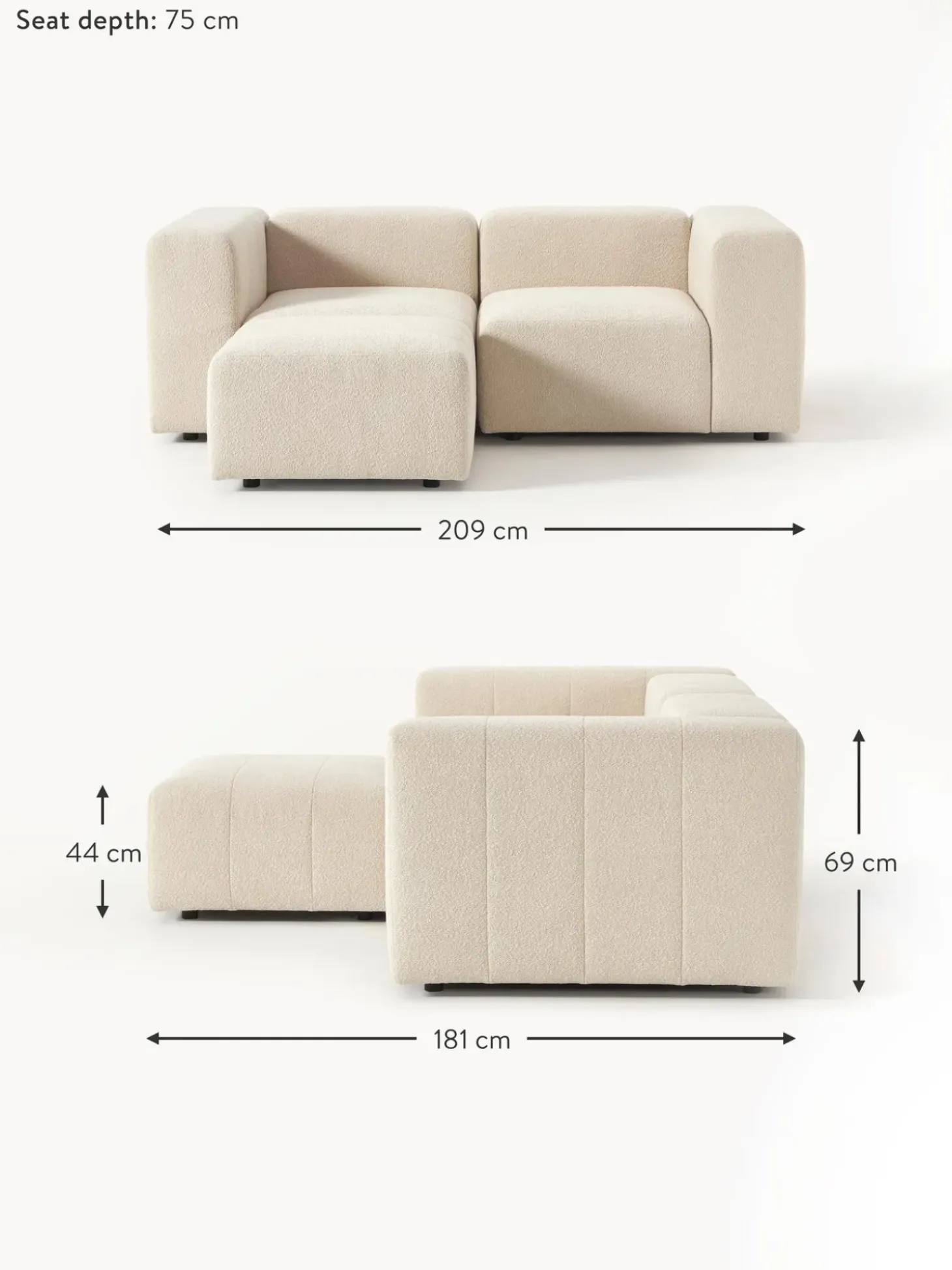 Sofa Modular Boucle Lena (3 Plazas), Con Reposapies